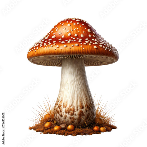 Digitally created illustration of a vibrant red-capped mushroom with white spots