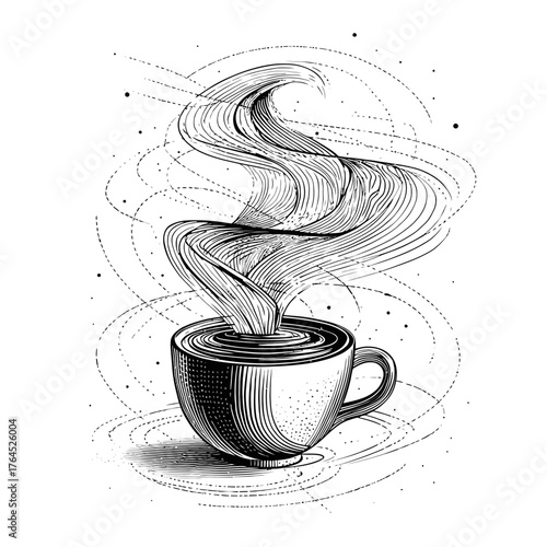 Black and white vintage engraving style illustration of a steaming hot coffee cup with elaborate swirling steam and lines, perfect for menu design.