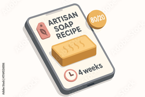 Artisan soap recipe on smartphone screen with 80/20 ratio and four-week timeline
