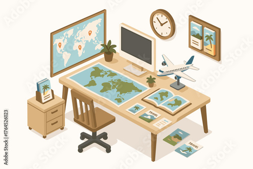 Isometric travel-themed workspace with maps, airplane model, and travel brochures