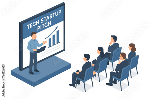 Male presenter in professional pitch to diverse audience at tech startup presentation
