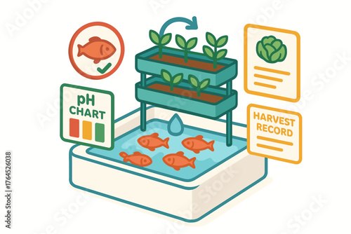 Illustration of aquaponics system with fish, plants, and monitoring charts