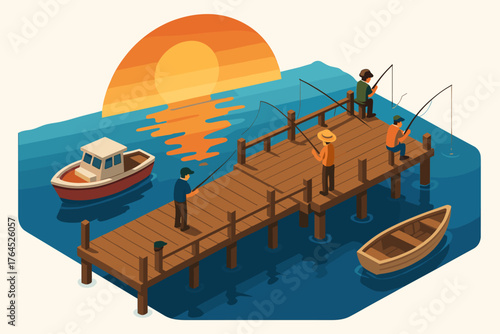 Sunset fishing scene with diverse group on wooden pier