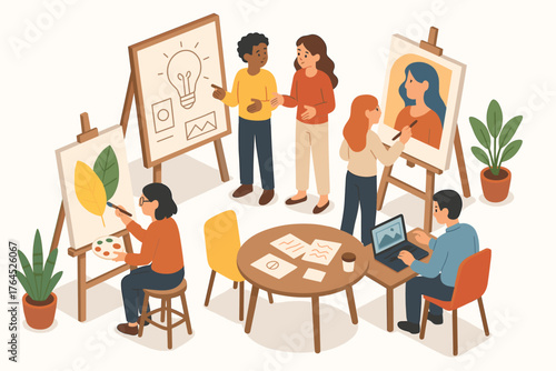 Diverse group engaging in creative workshop with art and design focus