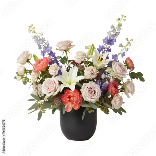 Elegant Floral Arrangement in Black Ceramic Pot on transparent Background