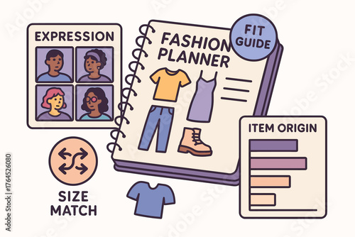 Fashion planner illustration with clothing and sizing guide elements