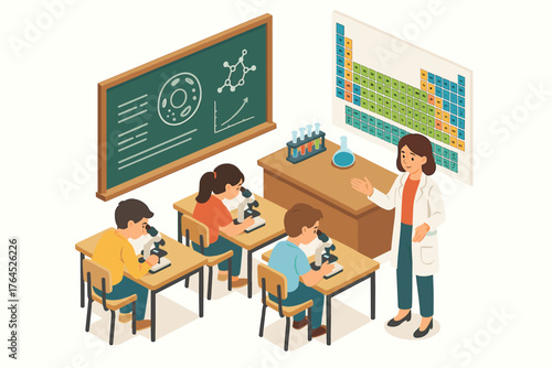 Female teacher educates diverse children in classroom with chalkboard and periodic table