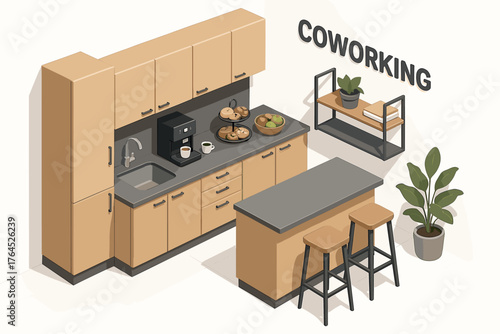 Modern office kitchen with bar stools and coworking sign