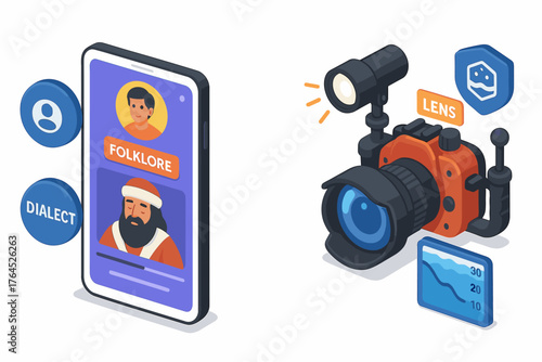 Isometric smartphone with folklore app and professional camera equipment