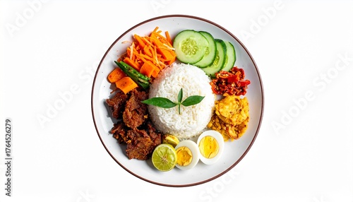 A vibrant dish featuring rice, beef rendang, vegetables, and boiled eggs, arranged artfully on a white plate.