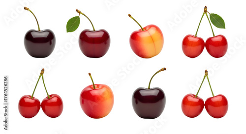 Fresh cherries and cherry fruits isolated on white background, ripe sweet red and dark cherries, perfect for healthy summer snacks or fruit recipes