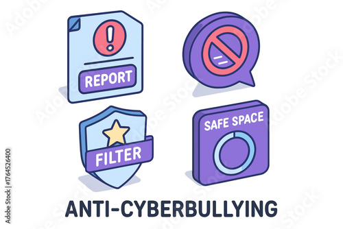 Anti-cyberbullying icons: report, filter, safe space, no bullying symbol