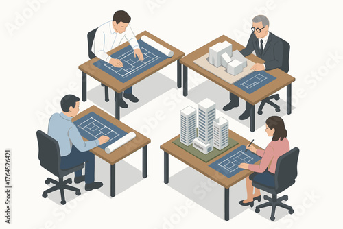 Diverse architects collaborating on blueprint designs and models