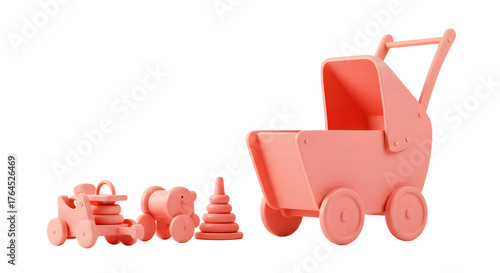 BABY TOYS - Pink wooden baby stroller and toy set including car, train, and stacking rings, minimalist pastel nursery toys perfect for toddler playrooms