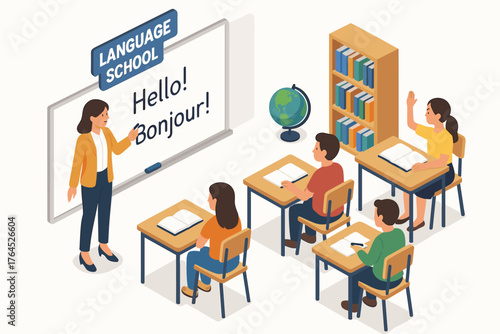 Female teacher in language classroom teaching diverse children with books and globe