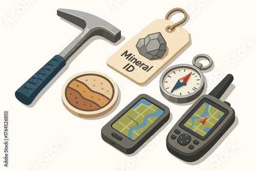 Geology tools collection: hammer, compass, mineral id, gps devices