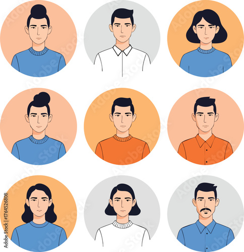 A diverse collection of male and female character portraits presented as circular user avatars in a flat design style.