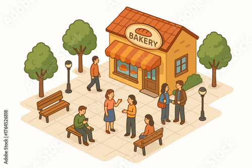 Isometric bakery scene with people socializing and trees on a sunny day