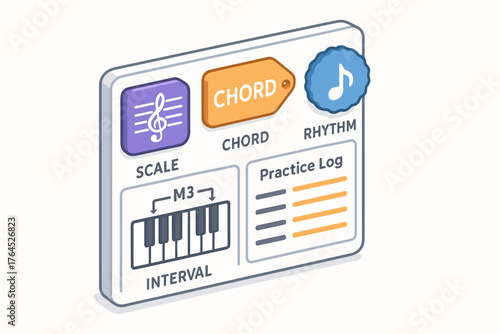 Music learning interface with chords, scales, and practice log features
