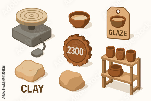 Pottery tools and materials for crafting: kiln, clay, glaze, wheel, shelf