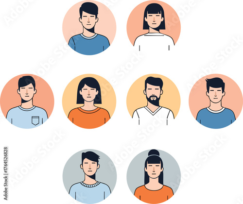 A diverse collection of minimalist illustrated character portraits in circular icons.