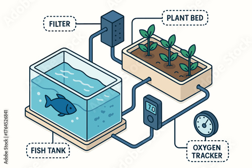 Aquaponics system diagram with fish tank, plant bed, filter, and oxygen tracker