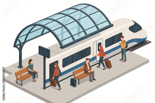 Diverse travelers at modern train station platform with luggage