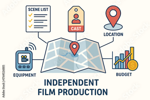Independent film production elements with equipment, location, cast, scene list, and budget iconography