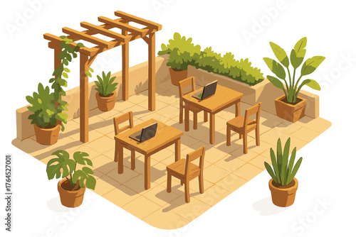Cozy outdoor workspace with wooden tables and lush greenery