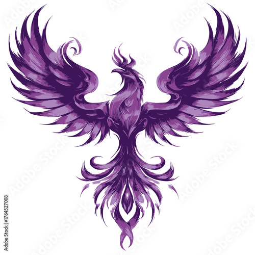 Vibrant Purple Phoenix Illustration with Intricate Details, Mythical Firebird, Symbol of Rebirth and Transformation