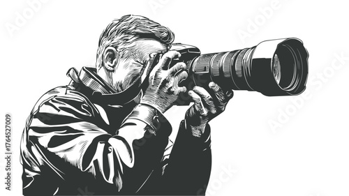 Monochrome illustration of a photographer with a professional camera and telephoto lens, actively capturing an image