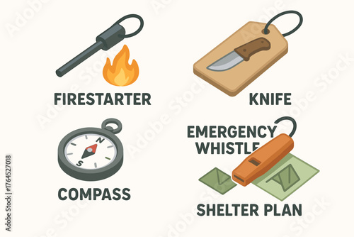 Essential camping tools: firestarter, knife, compass, whistle, shelter plan