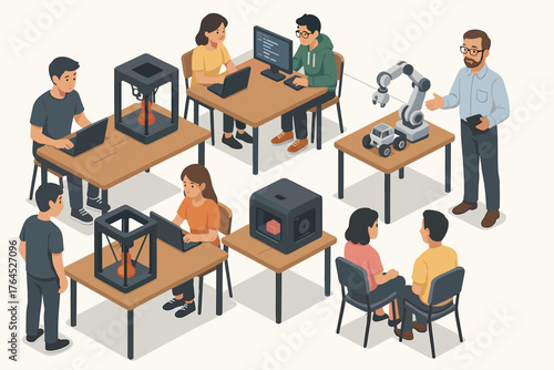 Diverse group of young adults engaged in 3d printing and programming workshop activity