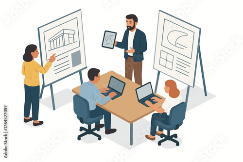 Diverse team of adults collaborating in modern office with laptops and architectural plans