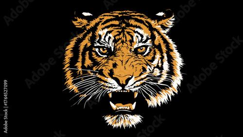 Fierce roaring tiger head illustration on black background. Powerful wild cat with bared fangs, majestic predator and symbol of strength.