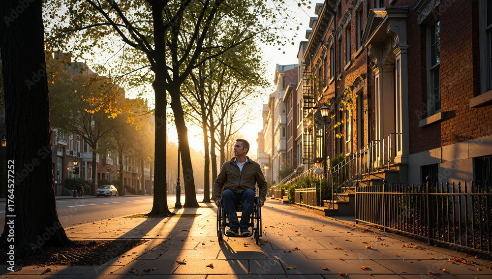 custom made wallpaper toronto digitalIndependent man in a wheelchair on an urban sidewalk during a golden hour sunset. Person with a disability living an accessible lifestyle in the city during autumn