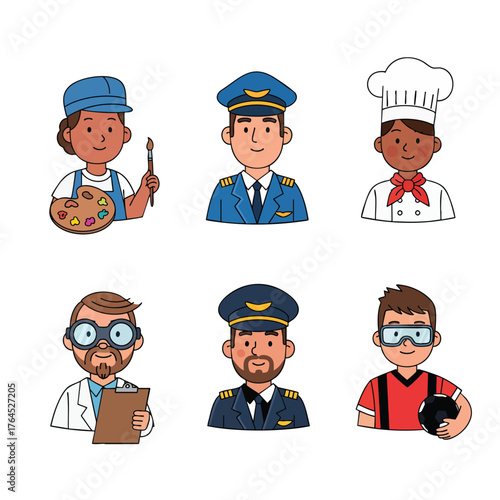 A diverse set of six cartoon characters representing various professions and occupations.