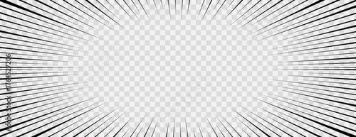 Dynamic comic manga background with black radial speed lines on a transparent background