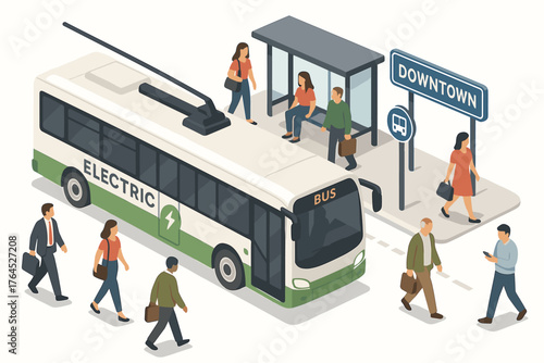 Isometric illustration of electric bus at downtown stop with commuters