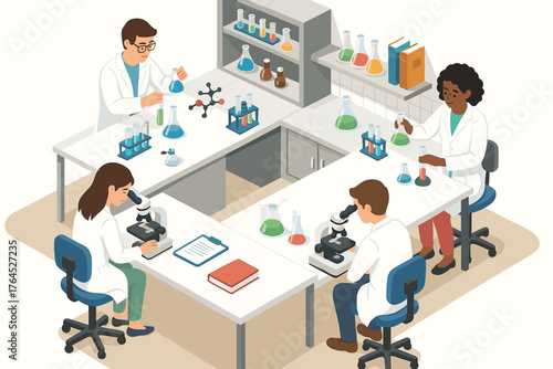 Diverse scientists conducting experiments in laboratory setting