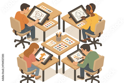 Diverse young artists collaborating on digital art at shared workspace