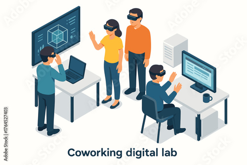 Diverse team in virtual reality coworking digital lab