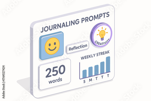 Journaling prompts dashboard with weekly streak and creativity badge