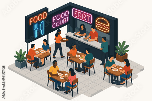 Isometric food court scene with diverse young adults dining and serving