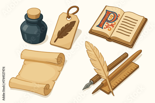 Vintage writing tools with ink bottle, quill, parchment, and open book