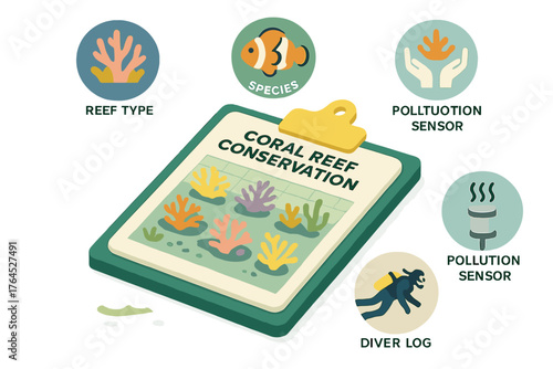Coral reef conservation infographic: types, pollution sensors, diver logs, species protection