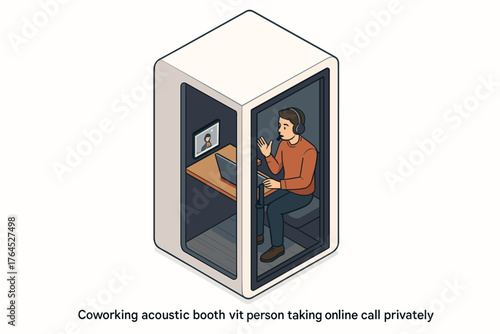 Young caucasian male in acoustic booth conducting online call in co-working space