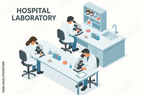 Hospital laboratory isometric view with scientists using microscopes