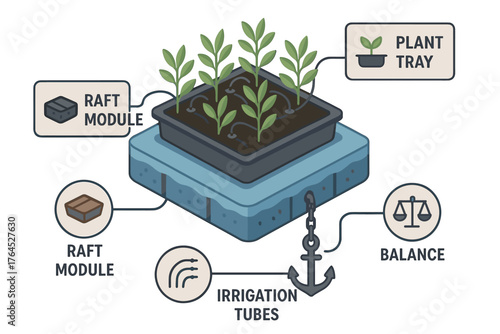 Aquaponic system: raft module with plant tray, irrigation tubes, and balance for hydroponics