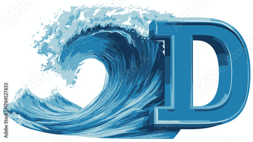 Dynamic 3D blue capital letter D merging with a powerful, crashing ocean wave, splashing water design element, white background.